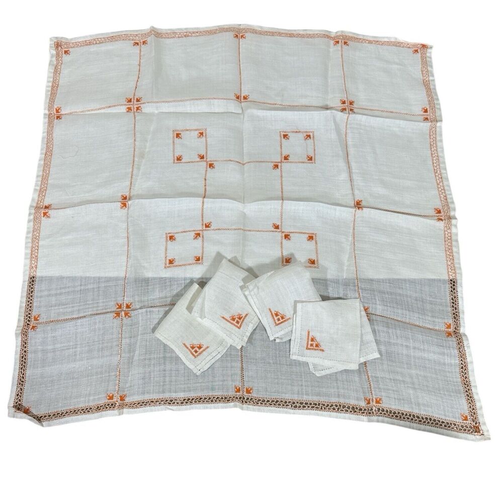 Vintage 50’s Orange Embroidery Sheer Chiffon Tablecloth Napkins Set 28x28